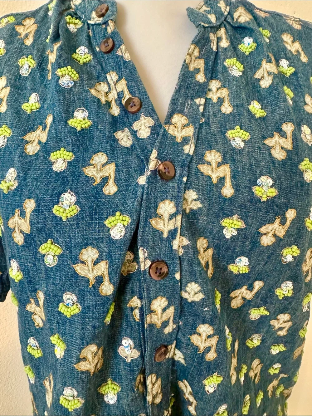 Pilcro Anthropologie Aly Puff Sleeve Embroidered Blouse Blue Floral XS